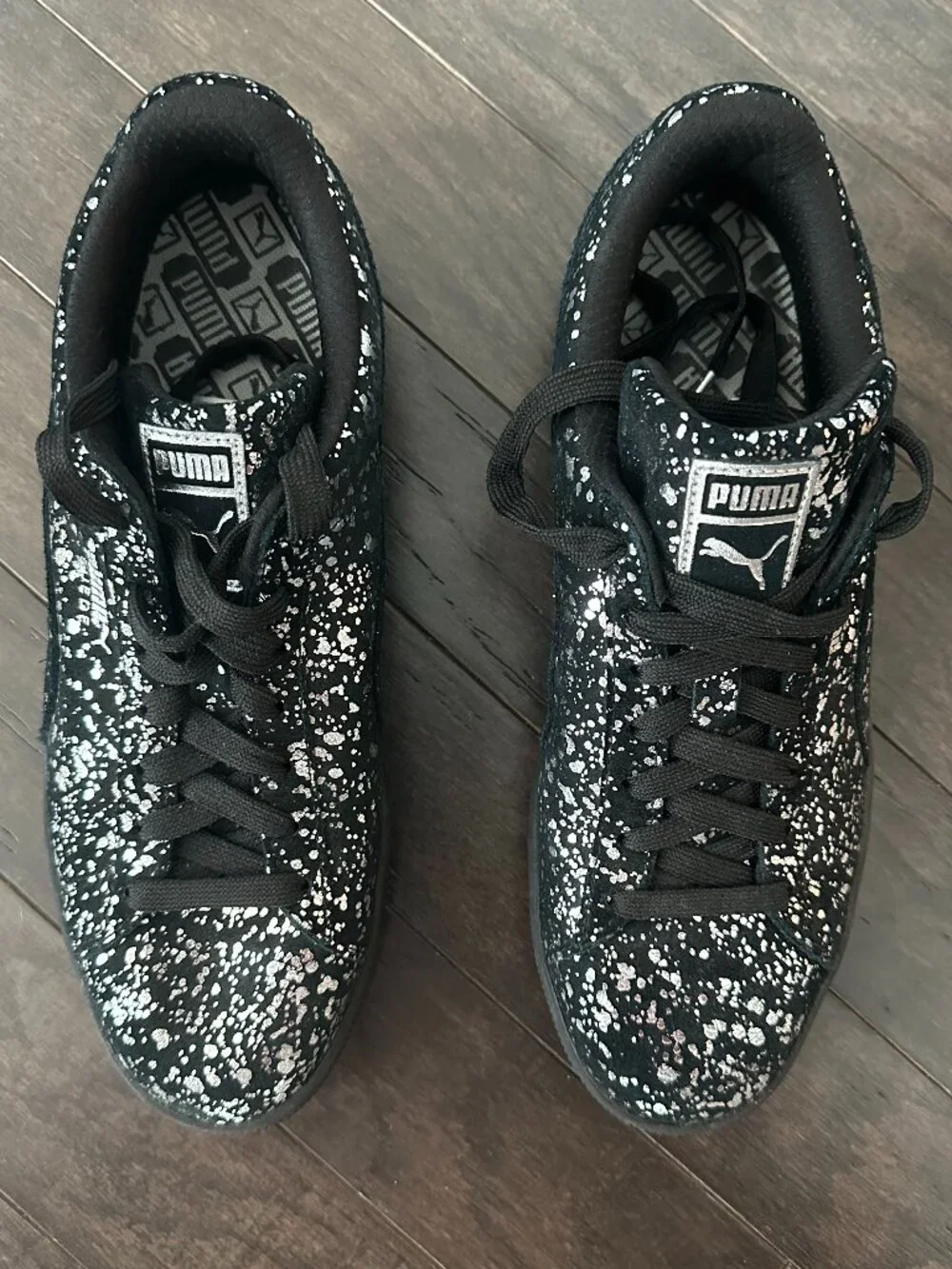 Puma Men's 10 Suede Black & Silver Metallic Splatter 2016 Sneakers